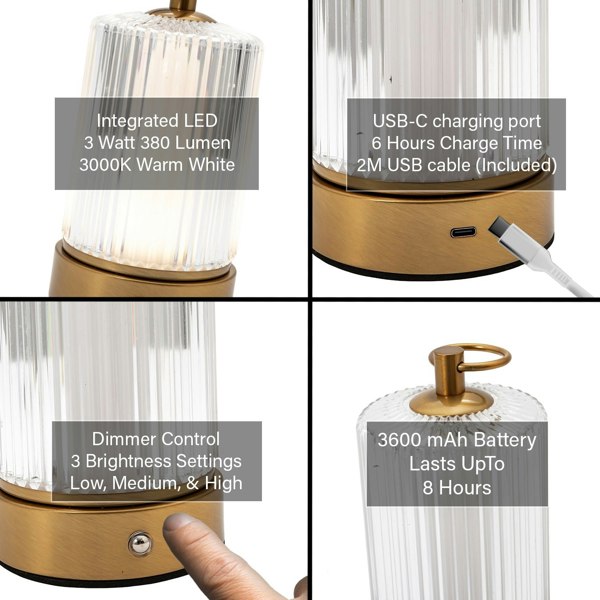 Brushed Gold Rechargeable Touch Dimmable Table Lamp with Ribbed Shade Image 5