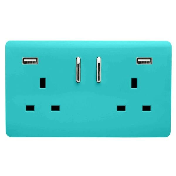 Trendi Switch 2 Gang USB 3100mA Plug Socket in Bright Teal