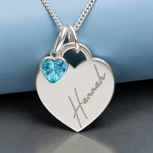 Love Silver Sterling Silver Personalised Heart Necklace With Heart Birthstone Charm