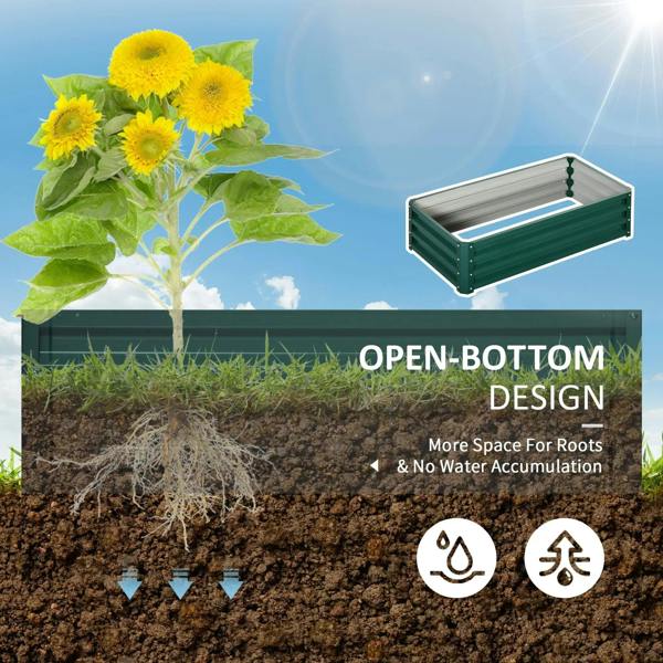 Green open-bottom raised garden bed shown above dark soil for planting