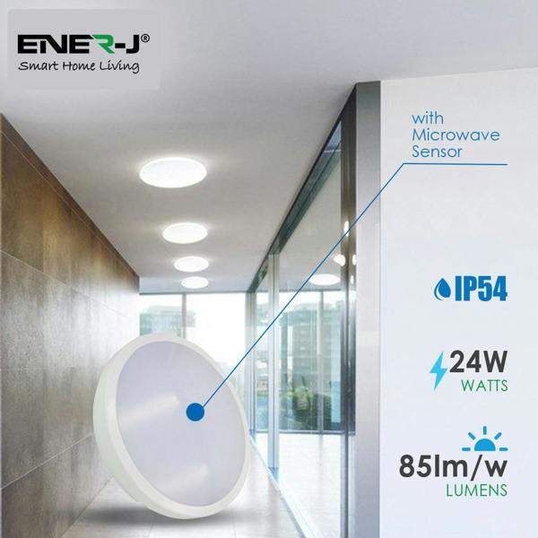 ENER-J 24W LED Bulkhead Ceiling Light with Microwave Sensor, IP65 Waterproof, 2000 Lumens, Cool White, Bathroom/Kitchen/Hallway Light