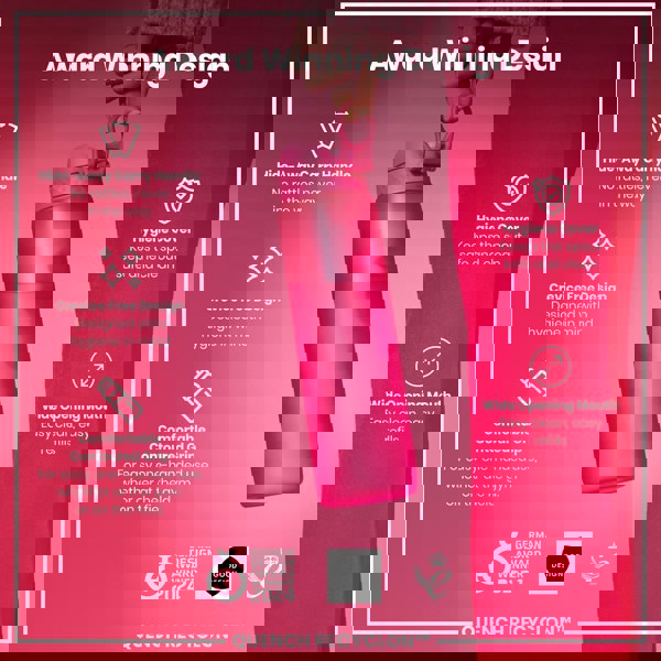 A pink water bottle is being held; it features a hide-away handle, crevice-free design, contoured grip, hygiene cover, and wide mouth. The bottle is an award-winning design.