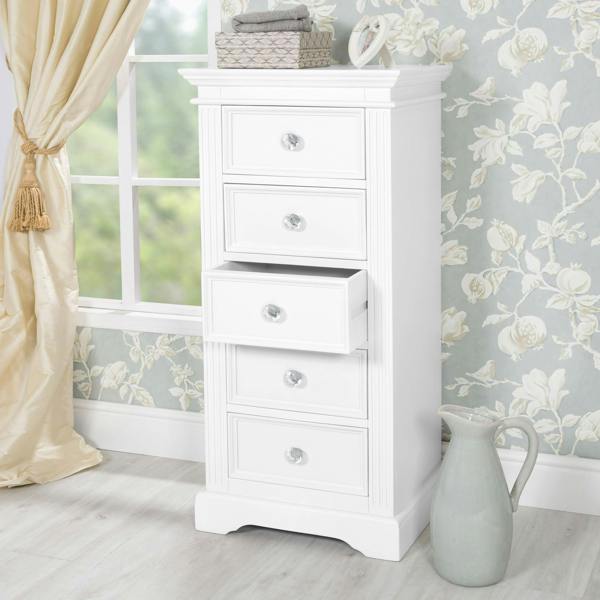 Statement Furniture Gainsborough White Tallboy with 5 Drawers and Crystal Handles
