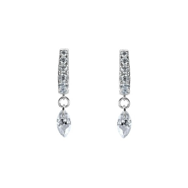 BLOOMTINE Illuminess silver huggie earrings in rhodium-plated sterling silver. French Pavé moissanite hoops featuring a floating sparkle effect. Tarnish-resistant and dainty sterling silver jewelry