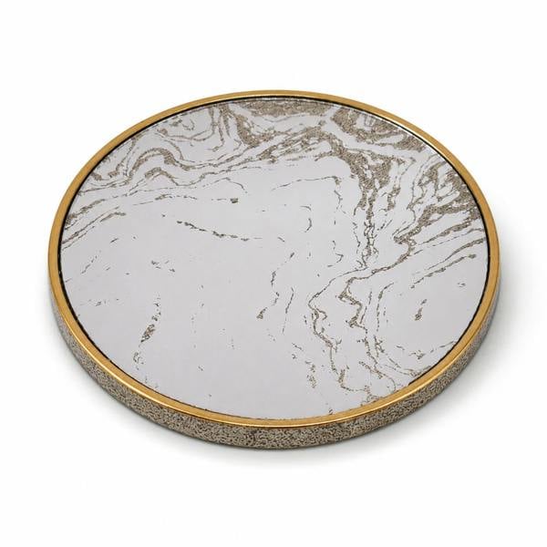 Maison des Cadeaux Marble Effect Round Serving Tray & Drink Coasters Set of 4 with Holder