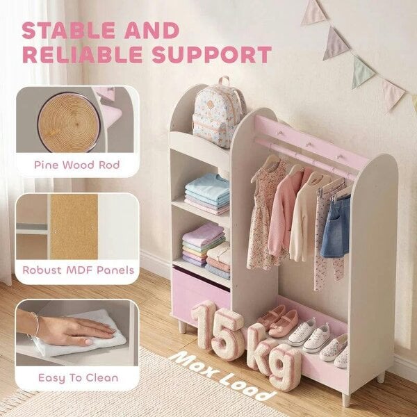 Kids Clothing Rack, Kids Wardrobe with Glowing Lights Mirror, Non-Woven Drawer and Shelves for Bedroom, Ages 3-8, Pink