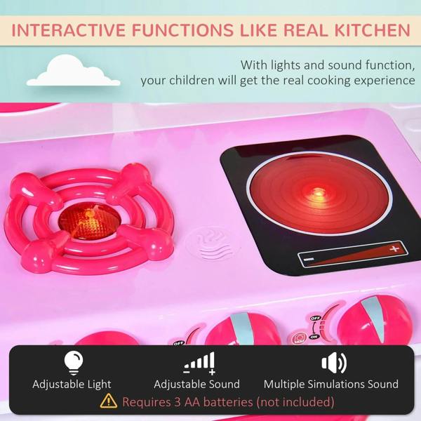 Close-up of toy stove top with light and sound controls on a pink kids kitchen set.