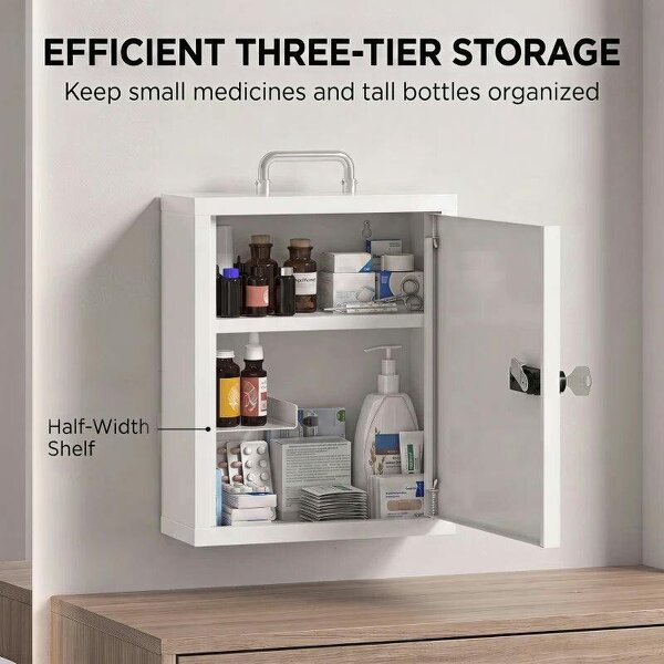 Wall Mount Medicine Cabinet with Combination and Key Lock, 3 Tier Steel First Aid Cabinet, White