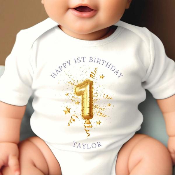 Personalised 1st Birthday Gold Balloon Baby Grow, Vest or Bib with Name