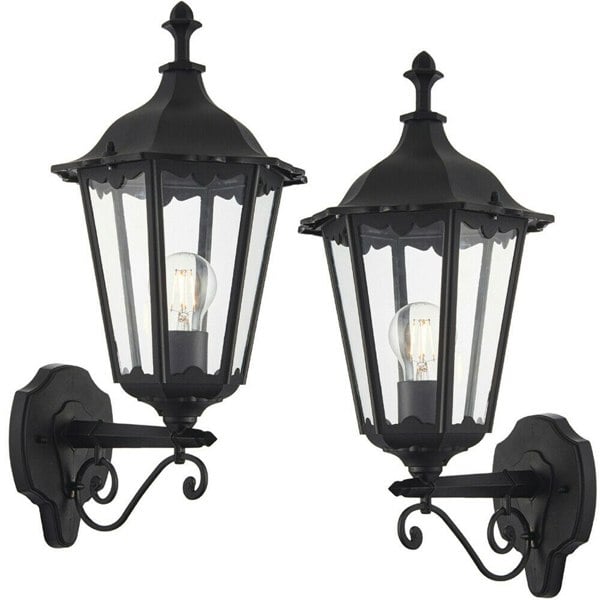 2 PACK IP44 Outdoor Wall Light Matt Black & Glass Traditional Lantern Dimmable Loops