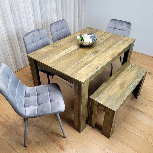 Kosy Koala Wooden Dining Table Set for 6 Rustic Effect Table With 4 Grey Velvet Chairs and 1 Bench