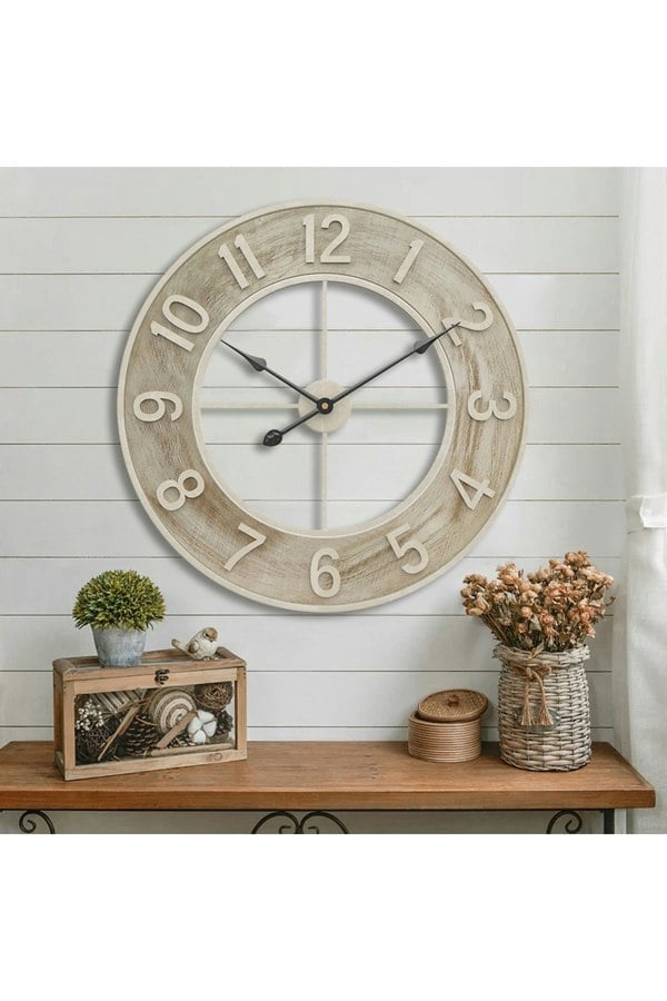 Living and Home 60cm Round Arabic Numerals Woodgrain Wall Clock