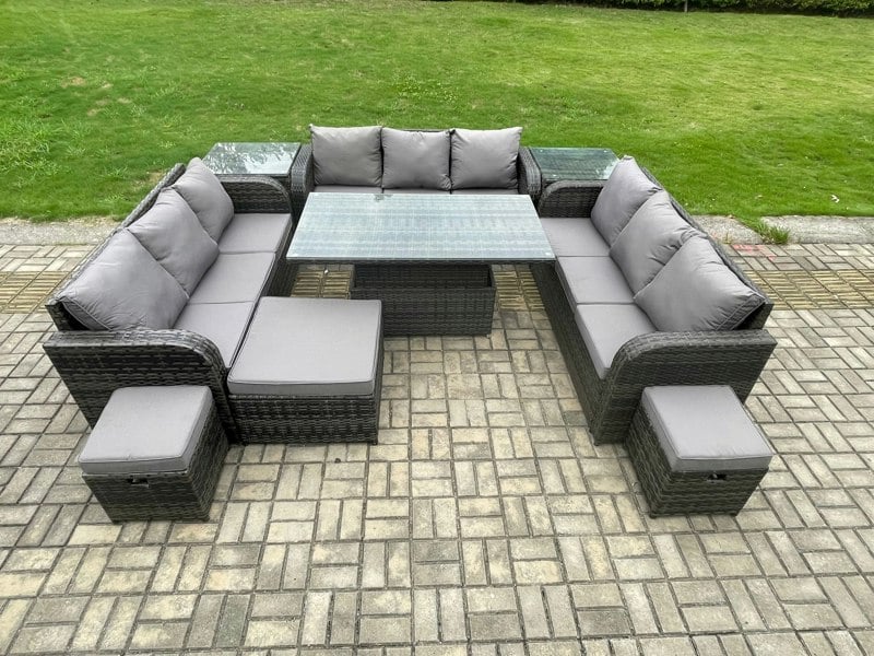 Fimous 12-Seater Rattan Outdoor Lounge & Dining Set | Adjustable Rising Table, Sofa, 2 Side Tables, 3 Footstools | Dark Grey