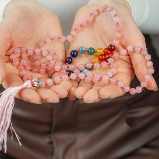 The Colourful Aura Rose Quartz 7 Chakra Pink Tassel Mala Necklace, Gem Stones 108 Bead Japa Mala, Mantra Prayer Yoga Bead Reiki Necklace, Rose Quartz