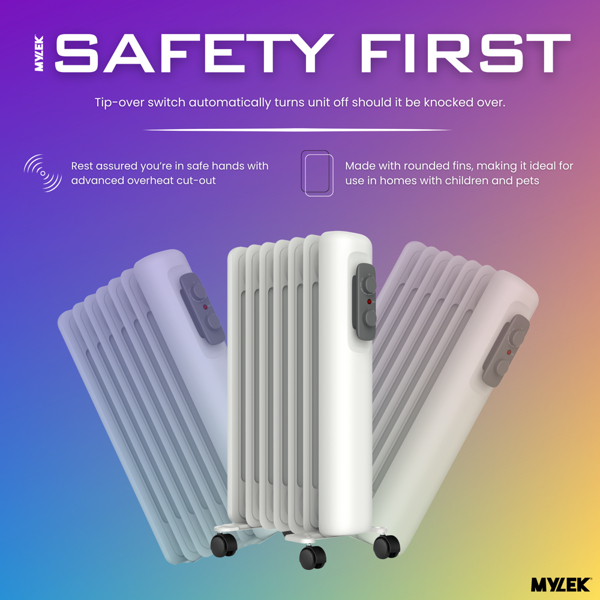 Mylek Oil Filled Radiator Electric Heater Portable With Adjustable Thermostat - White 1500w