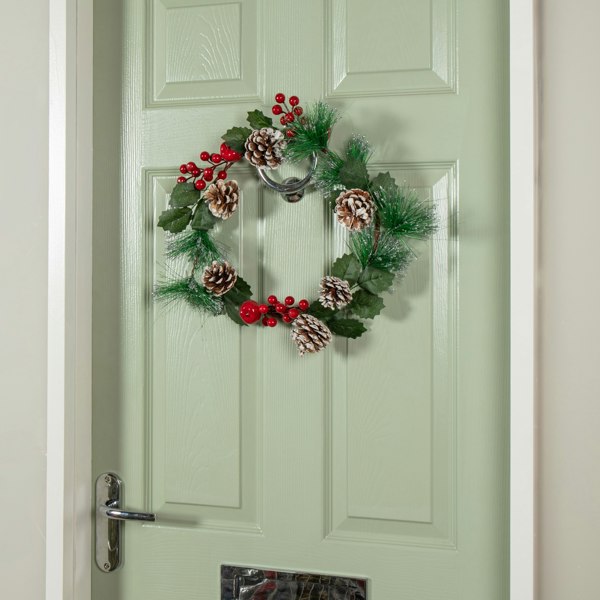 Samuel Alexander 45cm Hanging Christmas Wreath with Red Berries and Frosted Pinecones