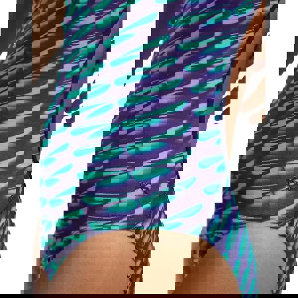 Purple teal TYR Dragonflyte Durafast Elite Trinity swimsuit with leaf pattern