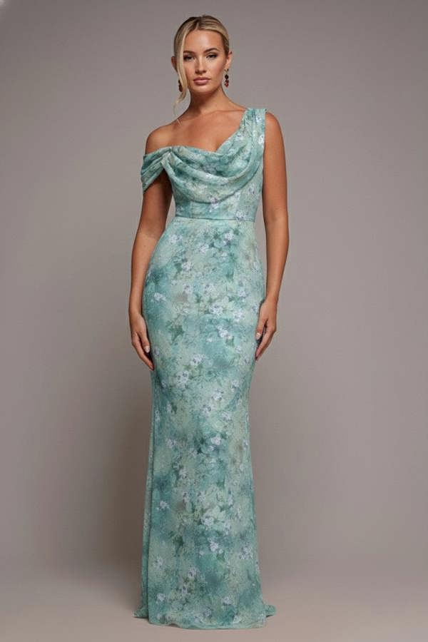 Goddiva One Shoulder Cowl Neck Chiffon Floral Maxi Dress - Blue by Goddiva