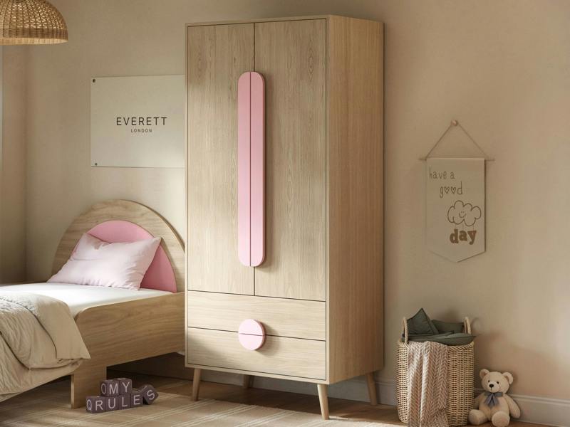 Noah 2 Door Wardrobe with 2 Drawers Oak & Pink