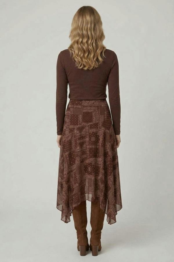 Brown | Patchwork Print Hanky Hem Layered Skirt