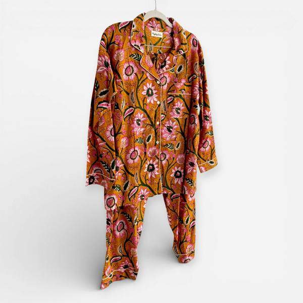 Hayley & Co Mustard Yellow Block Print Floral 100% Cotton Long Pyjama Set