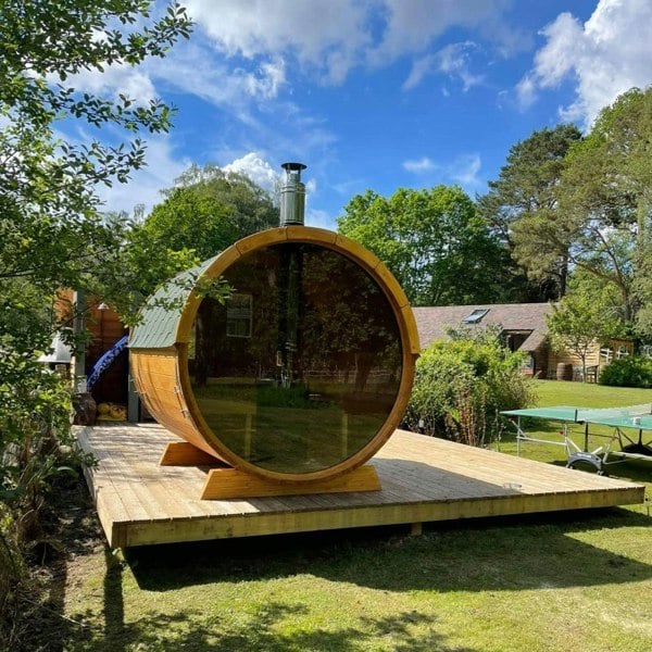 400cm Spruce Barrel Sauna | Thermowood | Terrace | Wood-Fired or Electric.