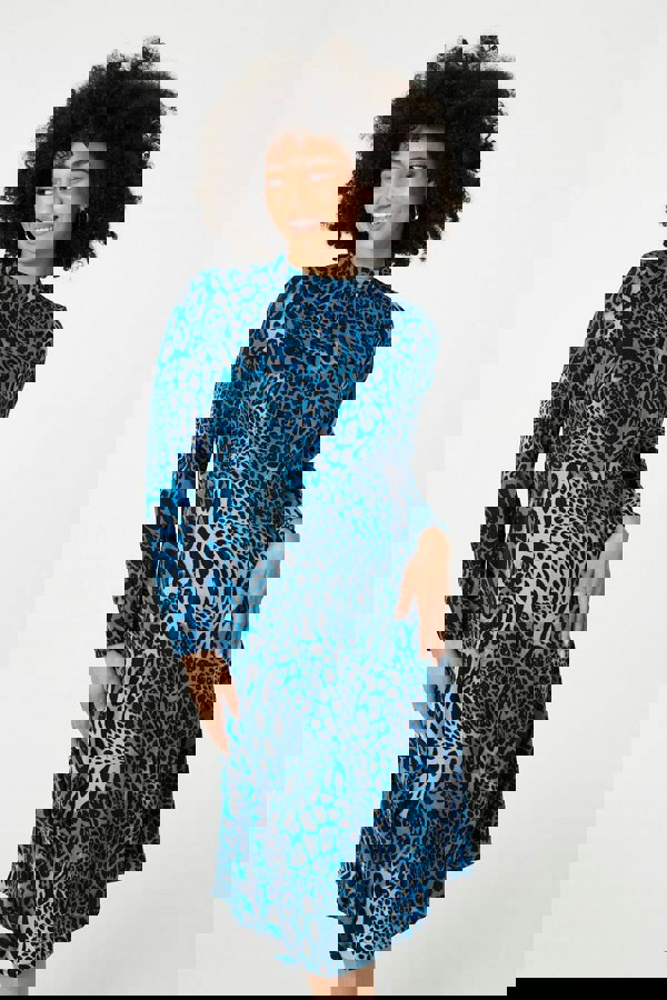 Blue | Leopard Print Long Sleeve Midi Dress
