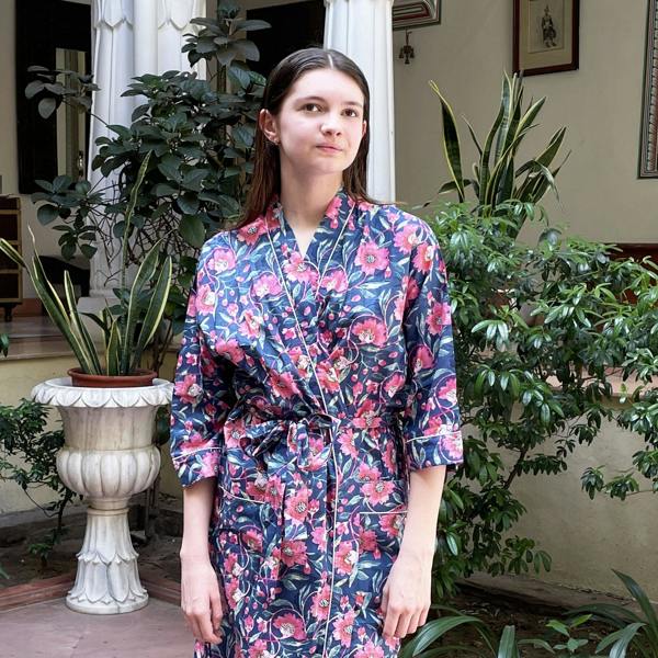 Hayley & Co Navy and Pink Floral Block Print 100% Cotton Dressing Gown