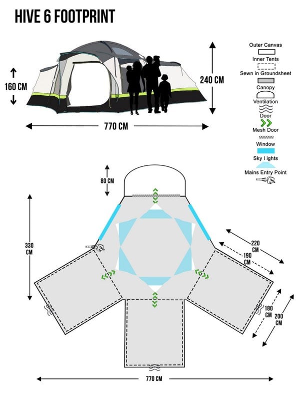 An infographic depicting the dimensions of the Hive 6 Berth Poled Tent by OLPRO