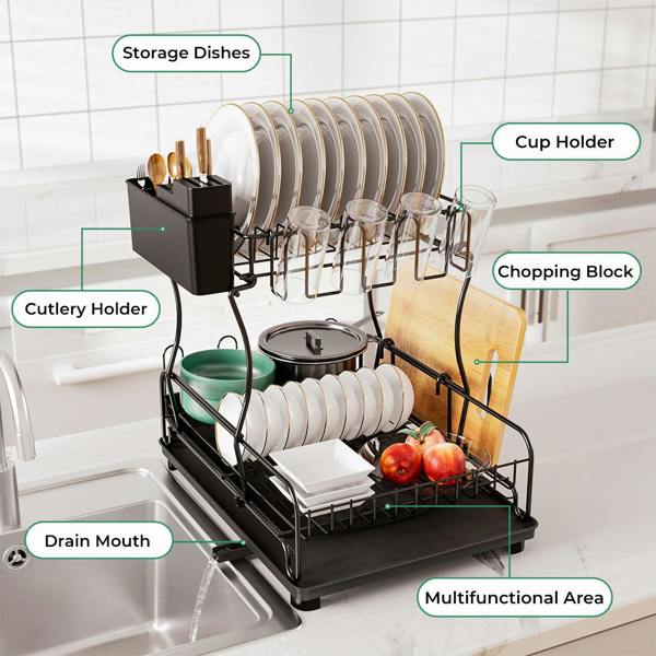 Toque Expandable Dish Drainer Rack 2 Tier Cutlery Plate Holder with Drip Tray