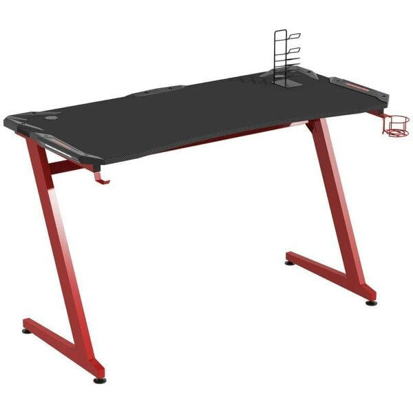 142 x 66 cm Gaming Desk, Carbon Fibre Covered Computer Desk, Gamer Workstation - Headphone Hook, Cup Holder & Gamepad Storage Rack