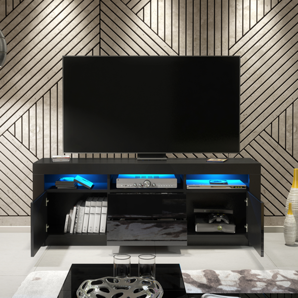 Mex Furniture Spacious 160cm TV Unit & Cabinet with Black High Gloss Doors