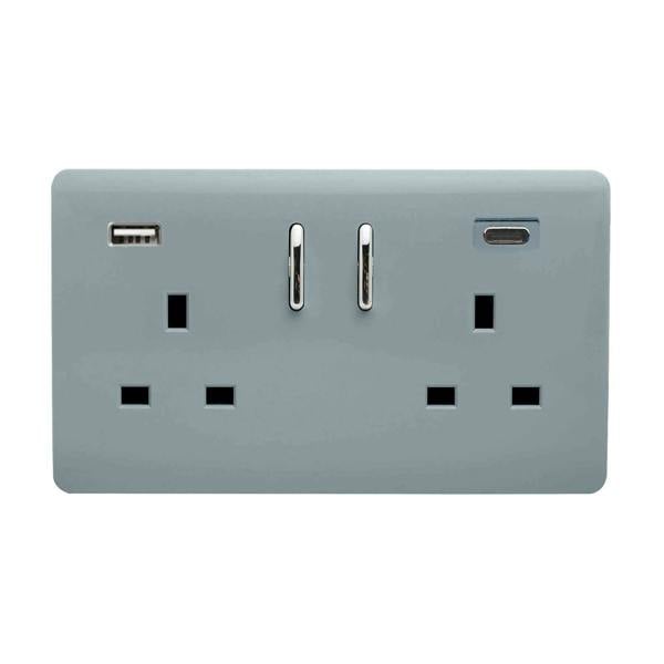 Trendi Switch 2 Gang USB 65W Type A & C USB Plug Socket in Cool Grey