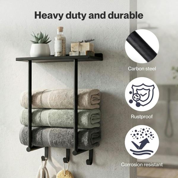 Levede Towel Rack Wall Mounted Shelf Bathroom Storage Holder with Hooks Black