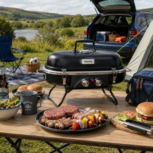 Bobobiy Foldable Gas BBQ Grill 2 Burner Table Top Barbecue with Lid Piezo Ignition Thermometer for Camping Picnic Cooking, Aluminium Alloy - Black