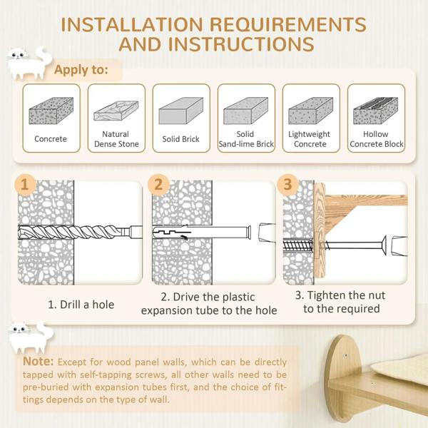 Mounting instruction graphic for wall-mounted cat tree, showing drill and install steps