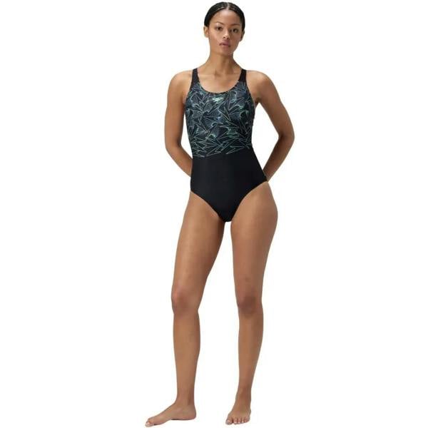 Black and teal Speedo Hyperboom Placement Muscleback swimsuit with floral pattern