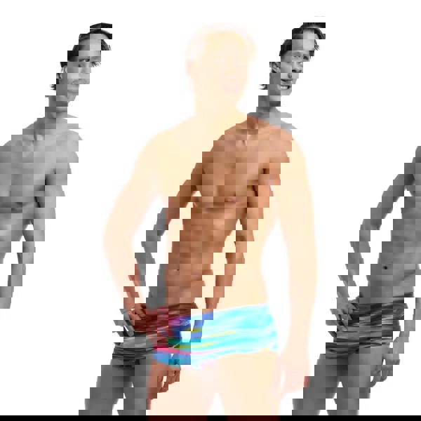 Funky Trunks Lost Ocean Sidewinder swim trunks in blue green abstract pattern with pink waistband