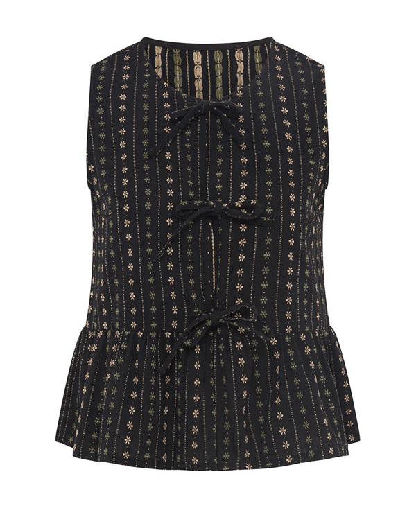 Needs No Label Black Floral Tie Front Peplum Top