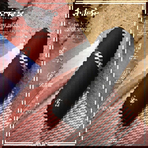 A black travel flask labeled "ION8" rests on a striped cloth by sand. Text reads "On the Go Enjoy your beverages in style and sustainability anywhere anytime Easy grip 100% leak proof 230 x 85 mm."