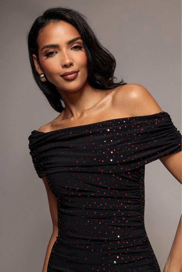 One Shoulder Fit And Flare Sequin Maxi Dress - Black Red DR5324