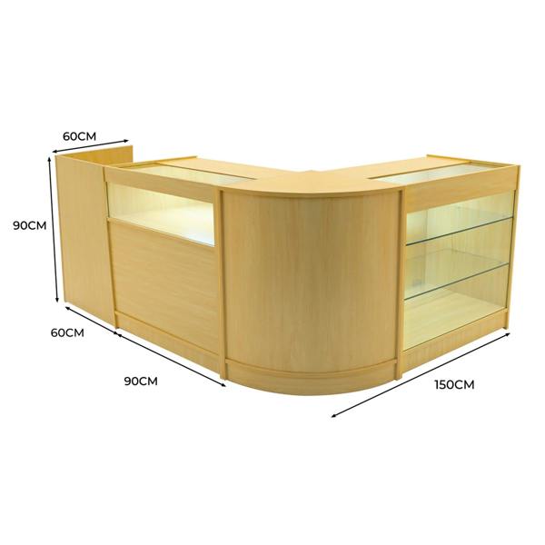 Polaris LED Shop Counter Set in maple finish, featuring curved edges, glass display shelves, and integrated lighting for retail use
