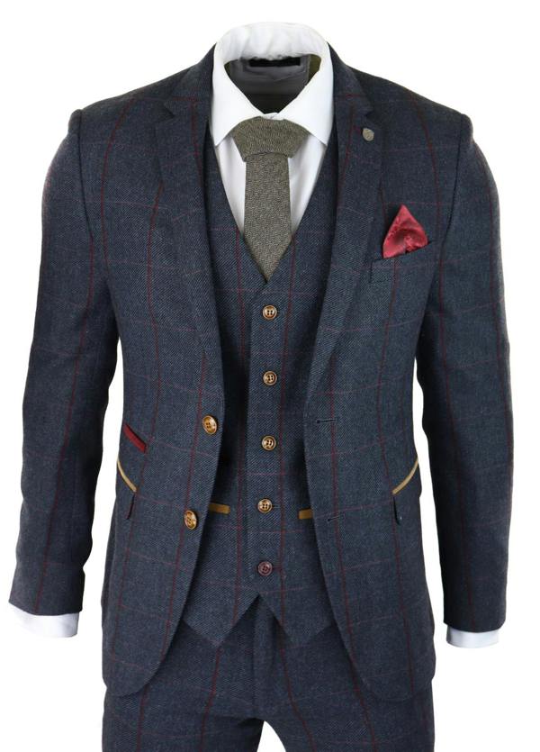 Paul Andrew Mens Herringbone Tweed Suit 3 Piece Navy Blue Peaky Blinders 1920s Tailored Fit