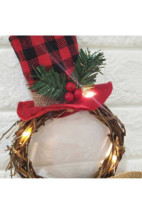 Living and Home Christmas Lighted Snowman with Hat Wreath Front Door Decor