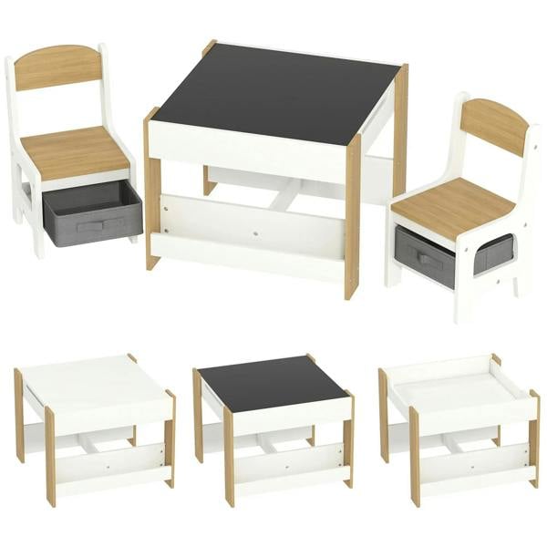 Kids table and two chairs set with blackboard top and drawer storage chairs