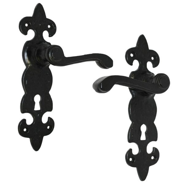 EDH Door Hardware Black Cast Iron Fleur-de-Lys Lever Lock Door Handles  Ornate Antique Internal