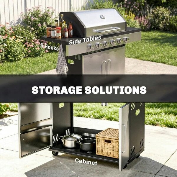 Bobobiy 6 Burner Liquid Propane Gas BBQ Grill, Outdoor Portable Gas Barbecue Grill with Warming Rack, Side Tables, Cabinet