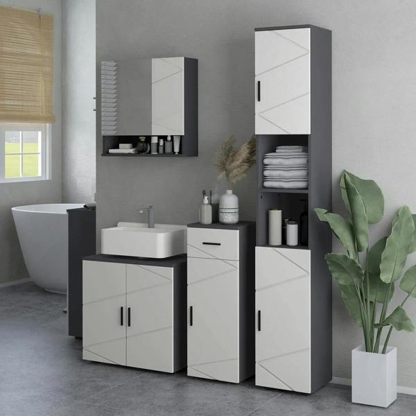 Light grey under-sink bathroom cabinet with double doors and tall storage cabinet pieces