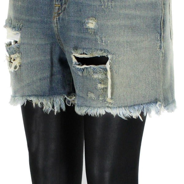R13 washed Japanese selvedge denim shorts with attached leather leggings