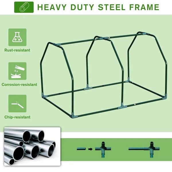 Heavy-duty steel frame for mini greenhouse, green metal arches and base rails